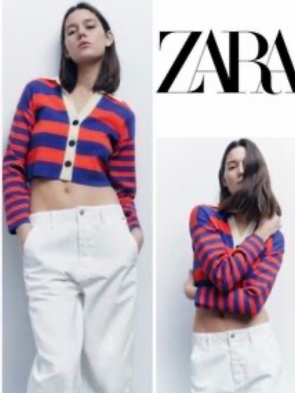 ZARA Red and Blue Striped Cropped Cardigan with Cream Trim